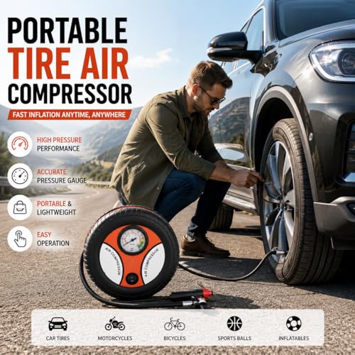 Image of 12V DC Portable Air Compressor Tire Inflator Pump with Analog Pressure Gauge | Car Tyre Air Pump for Cars, Bikes, Scooters & Cycles | Emergency Roadside Air Inflator with Nozzle Adapters