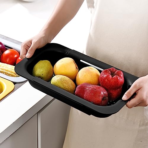 Image of KesaPlan Collapsible Sink Colanders and Strainers Basket Extendable Plastic Fruit Vegetable Strainer Drainer Basket for Kitchen (Length 13.6 inch-18.7 inch) (black)