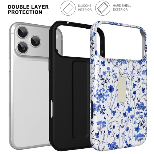 Image of Magnetic for iPhone 17 Pro Max Case with Finger Strap Kickstand [Compatible with Magsafe] Cute Floral Flower Pattern Design, Dual-Layer Shockproof Protective Cover for Women Men, Blue