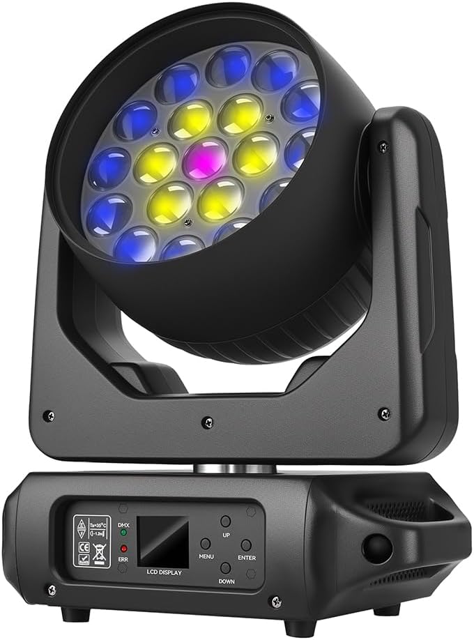 MINEJIE 19x15W Moving Head Stage Light,RGBW 4-in-1 LED Zoom Beam Wash Strobe Effect,DMX Sound Activated,540° Pan 270° Tilt,Professional DJ Lighting for Club Wedding Party Bar (Luces para)