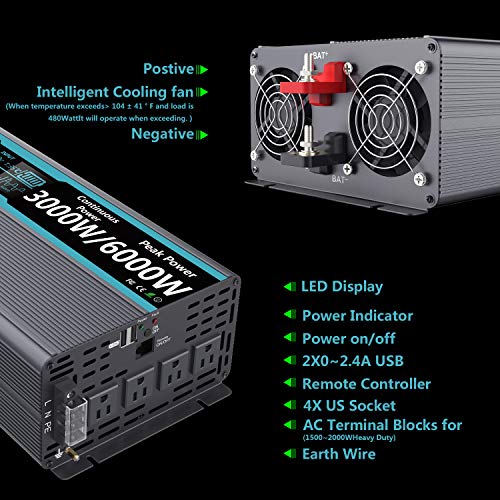 FLAMEZUM Pure Sine Wave Power Inverter 3000Watt DC 12 Volt to 120Volt Peak Power 6000Watt with LCD Display and Remote Control 2X 2.4A USB and 4X AC Outlets