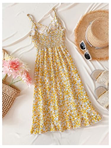Girl's Ditsy Floral Summer Flowy Dress Spaghetti Strap Ruffle Hem Vacation Cami Dresses2