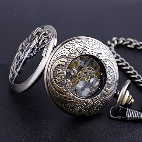 Image of Hand Winding Hollow Roman Numerals Mechanical Pocket Watch Steampunk Mens Watches