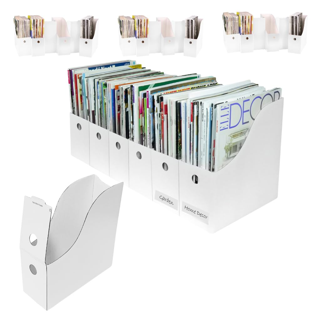 Evelots Magazine File Holder - Set of 24 White - Office Desk Organizer - Sturdy Cardboard - New Upgraded Double Front Panel for More Stability - Full 4 Inch Wide - Easy Assemble