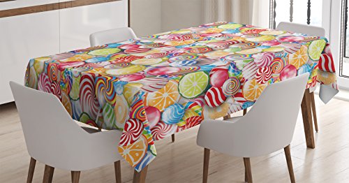 Hottest Sale Ambesonne Colorful Tablecloth, Spiral Sugar Candys Lolly Pops Dessert Fun Girls Theme Print, Rectangular Table Cover for Dining Room Kitchen Decor, 60 X 90, Red Orange