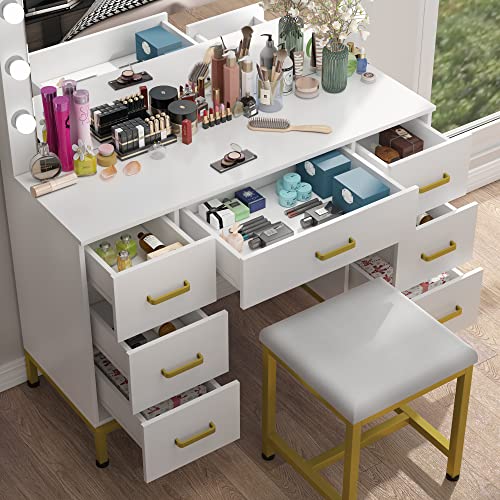 Wjforlion Vanity Set With Lighted Mirror, 44'' Makeup Vanity Dressing Table With 14Pcs Led Bulbs, Vanity Desk White Vanity With Cushioned Stool & 7 Drawers For Bedroom(White) #TOP5