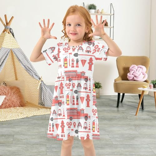 Aflyko Girls Short Sleeve Dress Fire Truck Red Equipment Toddler Everyday Dresses4