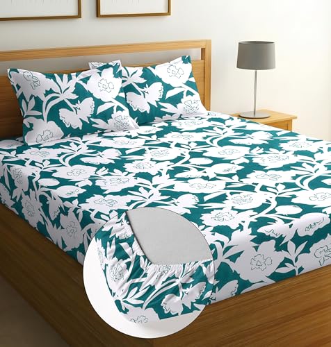 Image of Elastic Fitted Bedsheet with 2 King Size Pillow Covers, Double Bed, All Around Elastic, Floral, 72x78x8 Inches (Green Flower, Double