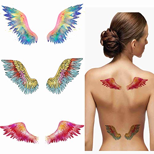 6 Sheets Temporary Tattoo Women Angel Party Favors Wing Sleeve Face Body Rainbow Fake Tattoos