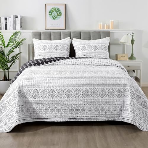 Image of Andency Black White King Size Quilt Set, 3 Pieces Boho Lightweight Soft Striped Bedspread for All Season (106 inchx96 inch), Printed Bohemian Polyester Reversible Coverlet Comforter Sets