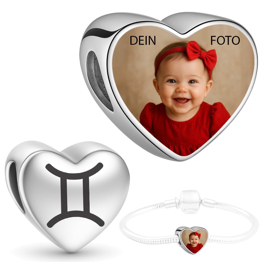 Personalisiert Schmuck Foto Charm Sternzeichen Herz kompatibel mit Pandora Armbänder, Edelstahl, Silberfarbe, Fügen Sie Ihr Bild hinzu (Zwillinge)