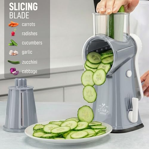 Image of Zulay Kitchen Rotary Cheese Grater 5 Blade Cheese Shredder - Manual Hand Crank Cheese Grater With Reinforced Suction & 5 Interchangeable Drums - Easy to Use, Vegetable Chopper Round Mandoline Slicer