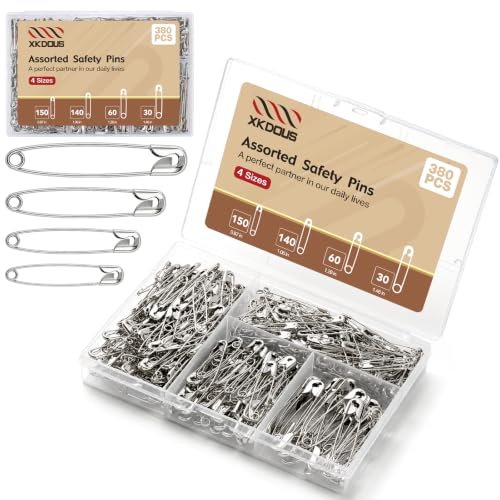 Image of XKDOUS 380 Pack Safety Pins Assorted Sizes, Heavy Duty Pins for Clothes | 4 Assorted Small & Large Safety Pin, Sliver Sharp Edge Pins Bulk, Fasteners for Clothing, Sewing, Crafting