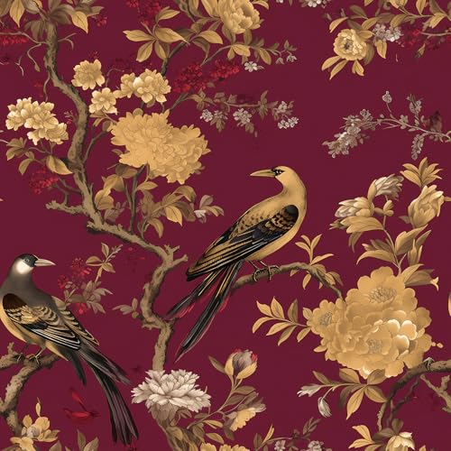 ReWallpaper Papel Pintado Flores y Pajaros Vinilo Adhesivo Muebles Rojo y Dorado Vintage 44.5CMx3M Papel Autoadhesivo Pared Baño Impermeable Rollo Adhesivo Decorativo para Forrar Armarios Cajones