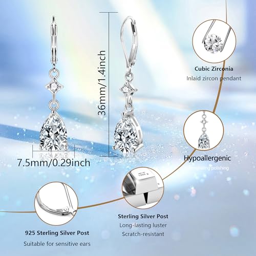 Sterling Silver Teardrop Earrings for Women Cubic Zirconia Silver Drop Leverback Dangle Earrings Hypoallergenic Teardrop Dangle Earring Jewelry for Gifts4