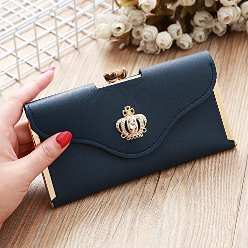 Portefeuille Long Femme Cuir PU Cristal Diamant Couronne Porte-Monnaie Moraillon Femme Pochette Photo Titulaire De La Carte De Crédit,Bleu Foncé Cover