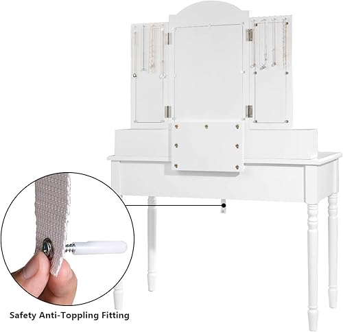 Miniatura 7 de CHARMAID Mesa de Tocador Grande para Maquillaje, Escritorio de Tocador de 41.5" de Ancho, Espejo de Tres Pliegues con 8 Ganchos para Collares en la