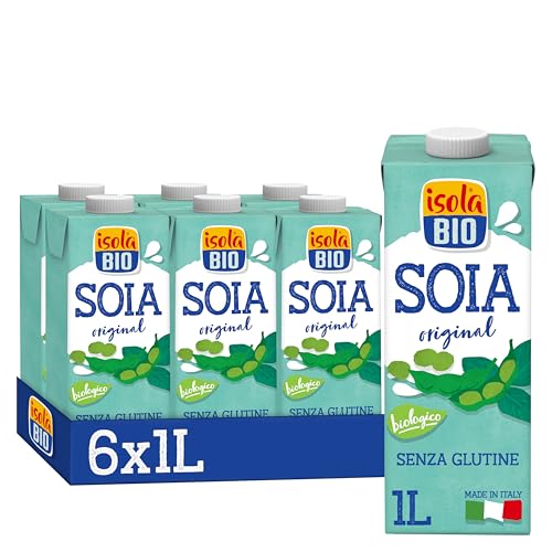 ISOLA BIO Bevanda di Soia Biologica, Senza Zuccheri Aggiunti, 100% Ingredienti Naturali, Senza Glutine, Ricca di Proteine, per Vegetariani e Vegani, 6 Confezioni da 1 Litro