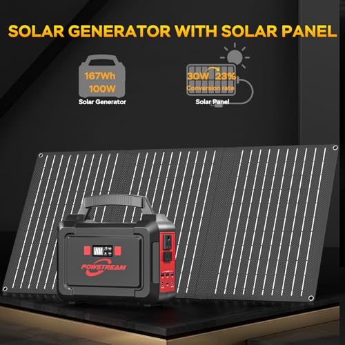 POWSTREAM Solar Powered Generator 167Wh Portable Power Station with Solar Panel 30W Included, 100W Power Bank with AC Outlet QC3.0 for Camping Boat Trip Hunting Outdoor Adventures Emergency Backup - Image 2