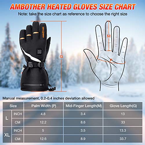 AMBOTHER USB Heated Gloves for Men Women Rechargeable Lithium Battery 3M Cotton Waterproof Temperature Settings Winter Electric Heated Motorcycle Gloves Ski Gloves for Ice Fishing Skating Hiking, L