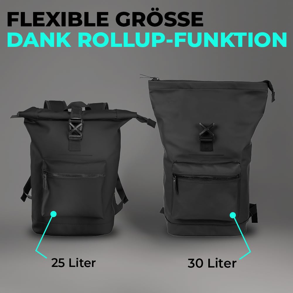LANGENBERG 30L Rolltop Rucksack - Wasserdichter Rucksack mit bequemen Schultergurten - Fahrrad Rucksack Herren und Damen - Wasserfester Rucksack groß mit verschließbarem Laptopfach + Air-Tag Fach