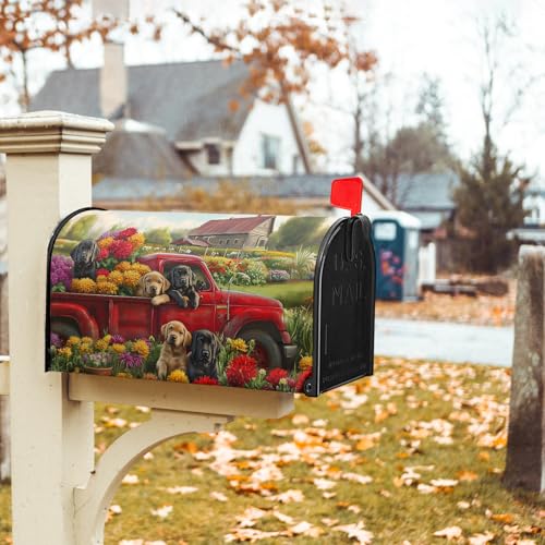 Image of 25.5 inchx21 inch Spring Truck Dogs Magnetic Mailbox Cover Summer Floral Puppy Decorative Mailbox Wrap Post Cover Waterproof Large Size for Garden Yard Outdoor Outside Patio Farmhouse