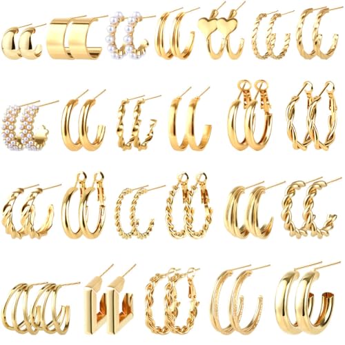 CHICUTIE Gold Hoop Earrings Set For Women Hypoallergenic Trendy Lightweight Chunky Chain Twisted Huggie Hoops Dangle Earring Packs For Birthday Party Christmas Fashion Jewelry Gift