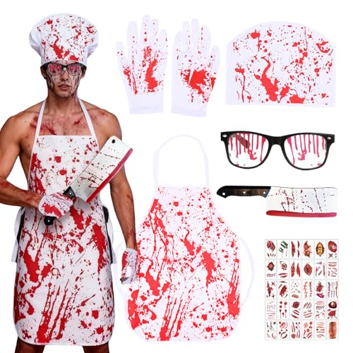 Snyvpra Halloween Kostüm Herren Horror Set mit Weißer Schürze Handschuhen Blutiger Mütze Silber Messer Blut Brille 30 Tattoos Gruseliges Halloween...