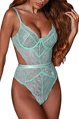 EVELIFE Body Damen Sexy Dessous Bodysuit BH mit Bügel Overall Reizwäsche Negligee Spitze Unterwäsche Babydoll Lingerie (Grüne Minze, M)