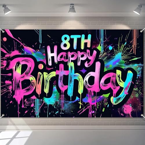 Image of HOMETITUTE Neon 8th Happy Birthday Banner 71x43 Inch Birthday Backdrop | Glow in the Dark Party Backdrop Features A Graffiti Style Design and Is Perfect for Wall Decorations at Neon Parties