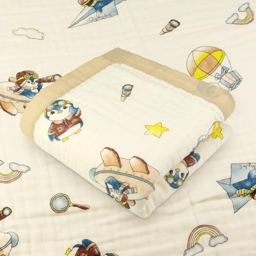 Hivia Musselin Decke 6 Lagig Baumwolldecke 110 * 105CM Musselin Decke Baby,Kuscheldecke Beige Babydecke Musselin Baby Pucktuch,Kinderdecke Neugeborene Unisex(Fliegender Pinguin)