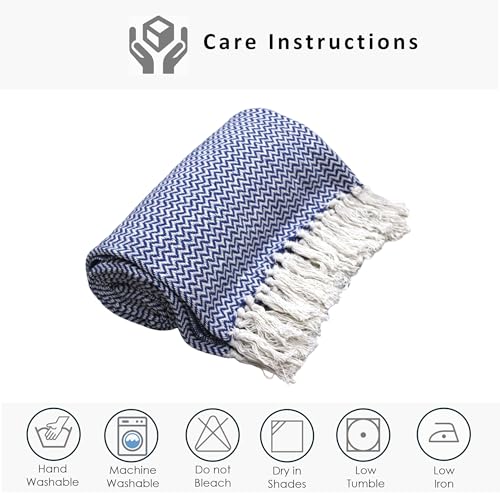 Image of Chevron 78X60 Inch Reversible Cotton Throw Blanket With Tassels| Blanket For Living Room, Sofa, Bed, Chair, Picnic & Used For Gift | Blue Narrow Chevron, Size - 200X150 Cm, 300 tc