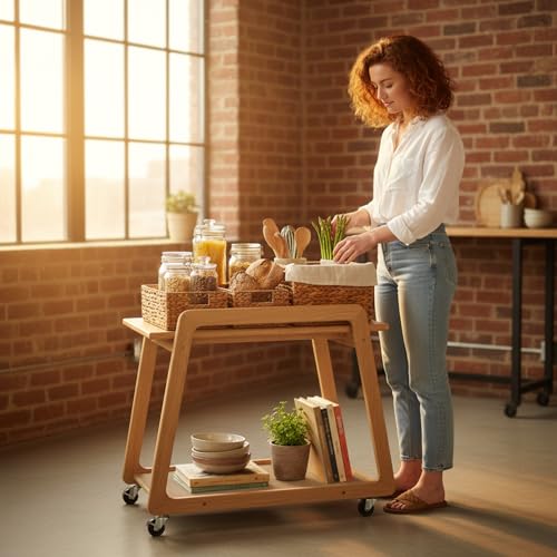 Image of Multipurpose Wood Trolley Storage Organiser and Kitchen Supplies Fruits, Vegetables, Onions, Cutlery, and a Trapezoid-Shaped Kitchen Storage Rack with 2 Layers Narural Color