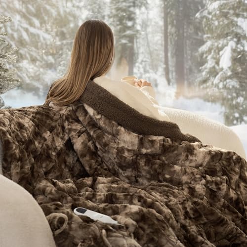 Image of Bedsure Faux Fur Heated Blanket Throw Blanket, Fast Heating Electric Blanket with 6 Heating Levels & 4 Time Settings, Cozy Gifts for Women Men (50x60 inches, Brown)