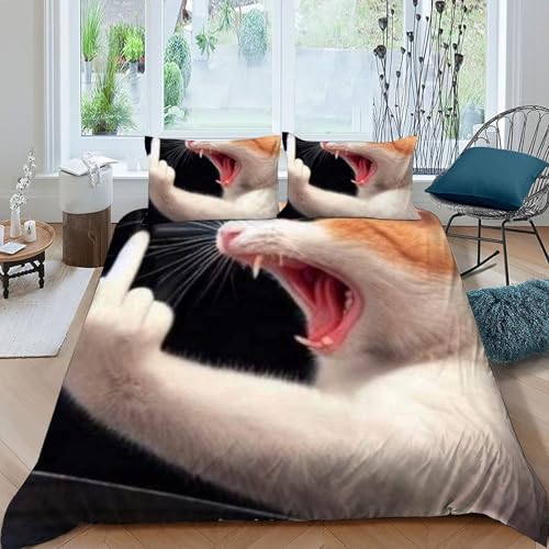 Housse de couette double microfibre chaton imprimé 3D avec 2 taies d'oreiller