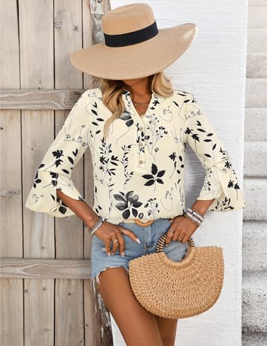 Womens 3/4 Sleeve Tops Dressy Casual Button V-Neck 2025 Fall Trendy Ruffle Blouses Bell Sleeve Business Shirts4