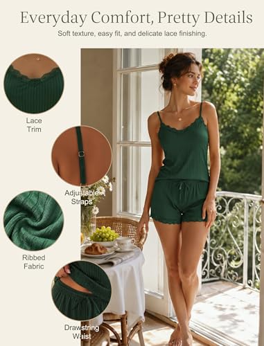 Image of Girece Cami Pajama Set for Women Ribbed Lace Trim 2 Piece Pajamas with Shorts Adjustable Strap Pjs Set Soft Lounge Sleepwear