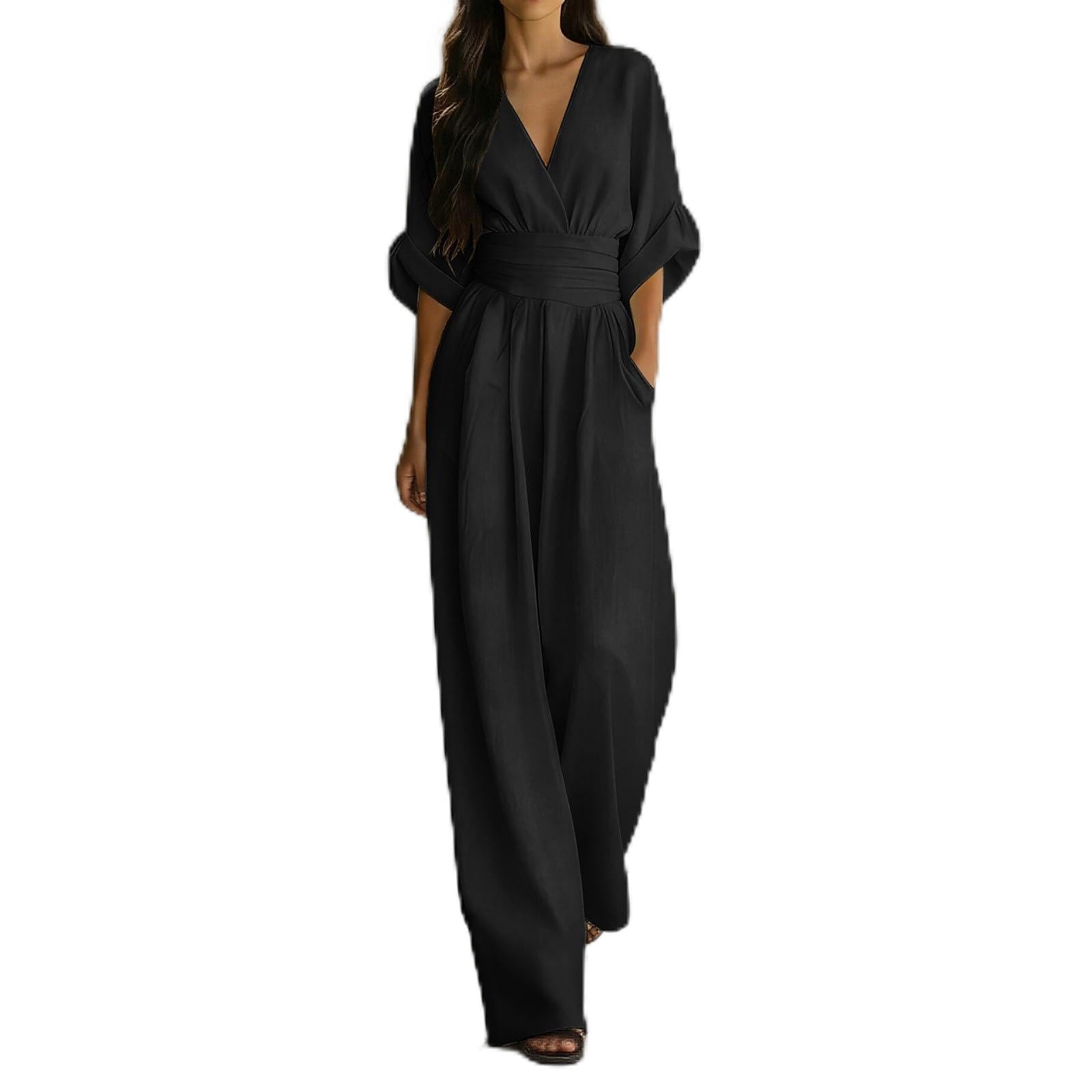 Generico Tuta Elegante Donna Cerimonia - Elegant V Neck Jumpsuit for Summer with Waist Tying Belt Casual Piece Romper Tute Da Monopezzi E Tutine Lunghe a Gamba Larga Con Cintura Pantaloni Lungo