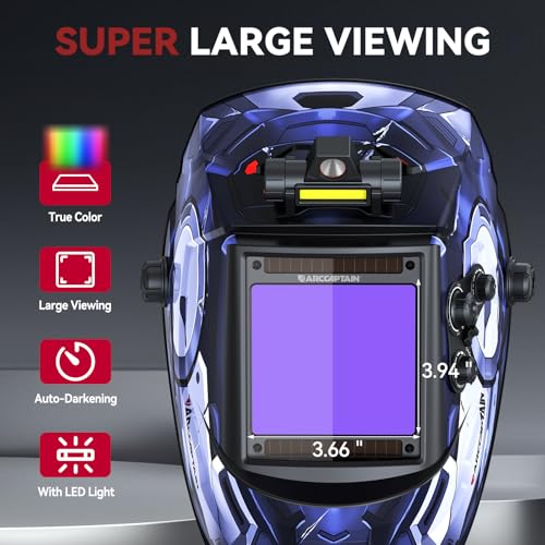Image of ARCCAPTAIN Large View 3.94 inch x 3.66 inch True Color Auto Darkening Welding Helmet with Light, Solar Powered Welding Hood, 4 Arc Sensor Wide Shade 4 /5-9 /9-13 for Stick MIG TIG Cut, ST
