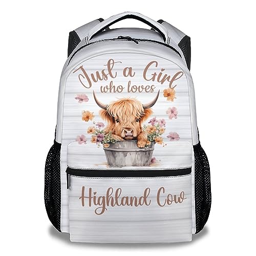 Highland Cow Backpack for Girls Boys, 16 Inch White Backpacks for School, Cute, Adjustable Straps, Durable, Lightweight, Large Capacity Bookbag for Kids