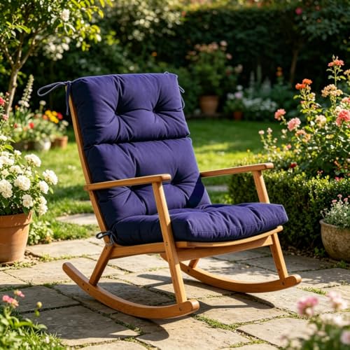 Highdi Cojin para Tumbona Jardín Exterior Repelente al Agua, Cojín Reclinable Cómodo Engrosado con Correas, Cojines para Silla de Jardin, Silla Mecedora, Patio, Balcón (Azul Marino,112x53cm)