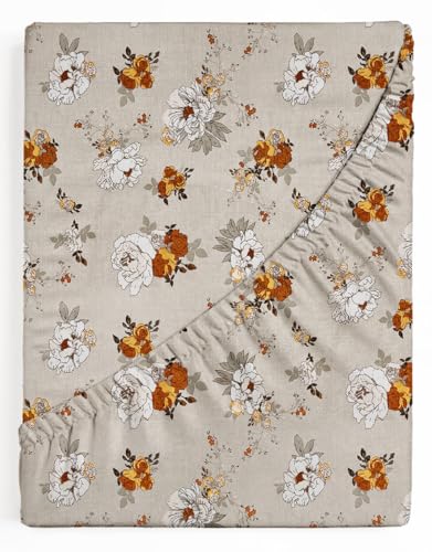Image of HOMEKART 120 TC Cotton Rich Elastic Corner Fitted Bedsheet with 2 Pillow Covers | Double Bed 72x68+6 Inches | Wrinkle-Free, Super Soft & Breathable Floral Design | Dark Green & Rust