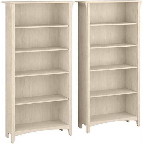 Bush Home Salinas Tall 5 Shelf Bookcase - Set of 2 in Antique White, Vertical Office Storage, Bookshelves for Home Workspace, Multi-Purpose Shelving Units