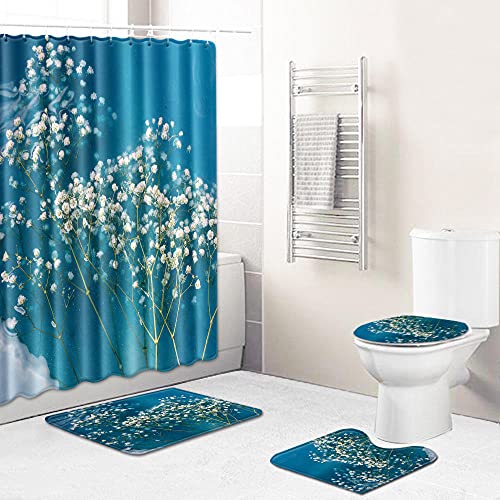 ZDDWLDL 4Pcs Duschvorhänge Set Mit Rutschfesten Teppichen,Toilettendeckel und Badematte Blaugrüne Weiße Blüten… – Bild 3