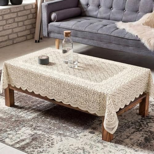 Image of Cotton Net Embroidered Center & Dining Table Cover for 4 Seater | Rectangular 40x60 Inch | Lightweight & Washable Table Cloth | Pack of 1 (Cream)