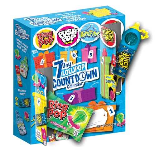 Bazooka Brands 7 Day Christmas Candy Countdown Calendar, Advent Calendar with Full-Size Hard Candy Lollipops, Ring Pop, Push Pop, Baby Bottle Pop, Juicy Drop, Customizable Gift Box, Kids Party Favors