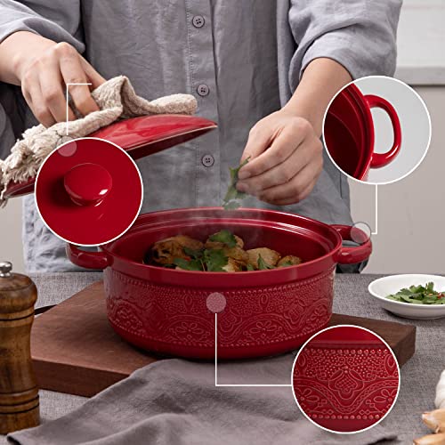 Fun Elements Casserole Dish, 2 Quart Lace Emboss Casserole Dish With Lid, Oven To Table Ceramic Round Serving Dish With Handles For Dinner And Party(Christmas Red) #TOP2