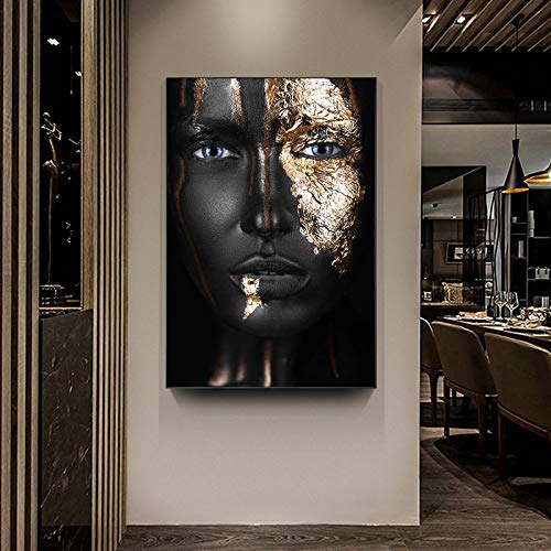 Toile femme africaine art moderne noir et or de style scandinave pour une deco haut de gamme