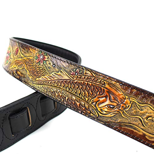 Walker And Williams Kb-23 Skinny Series 2" Wide Black & Umber Brown Premium Carved Grain Leather Padded Guitar Strap With Tooled Koi Fish Design #TOP2