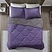 Comfort Spaces Vixie Reversible Comforter Set - Trendy Vibrant Color with Geometric Quilted Cover, Lightweight All Season Down Alternative Cozy Bedding, Sham, Purple/Charcoal, Full/Queen 3 piece